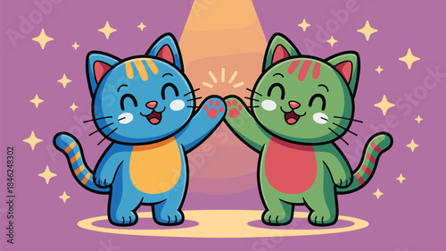 Adorable colorful cartoon cats giving high five in cheerful celebration with stars in background, playful illustrated characters for kids, family, friendship, happiness, cute animals, joyful moment, v