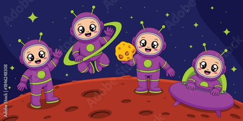Cute cartoon astronauts exploring the moon in colorful space suits with planets and stars in the background, engaging in space adventure for children's education, entertainment, and sci-fi themed proj