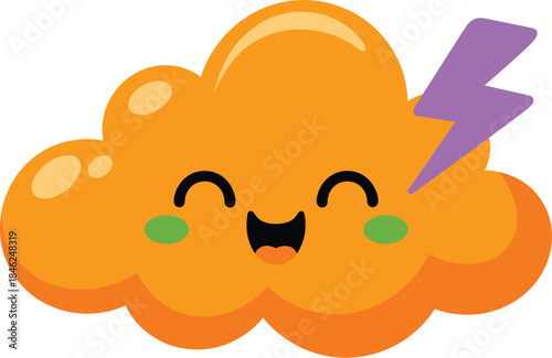 Cute cartoon weather cloud with smiling face, lightning bolt, playful expression, vibrant orange color, modern design, digital illustration, cheerful mood, weather icon for kids, icons for weather for