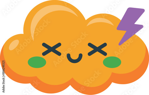 Cute cartoon cloud with a lightning bolt expressing pain or discomfort in a colorful playful style perfect for children’s health awareness illustrations, emotional expression visuals, digital art, mod