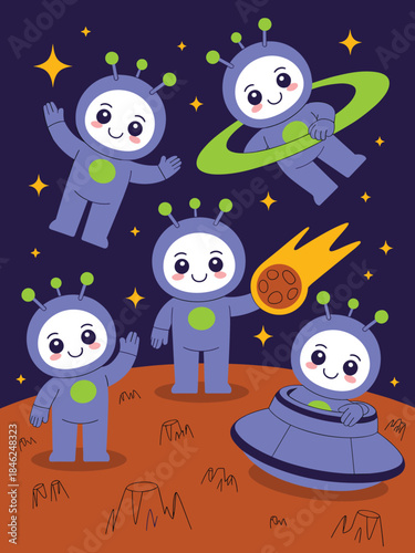 Cute cartoon aliens exploring space with friendly expressions, asteroid impact, spaceship, colorful celestial background, imaginative science fiction scene, children's space adventure illustration