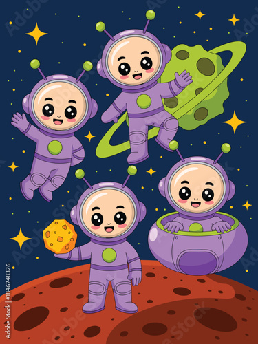 Cute cartoon children in purple astronaut suits exploring outer space on a colorful planet, floating near a green asteroid and starry night sky, playful space adventure, imaginative science fiction sc