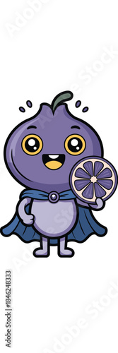 Cute cartoon fig character dressed as a superhero holding a lemon slice in a playful pose with big expressive eyes and a charming smile perfect for children's food branding health diet fresh fruit ill