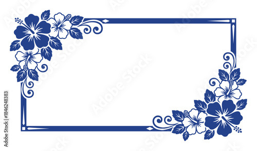 Elegant Blue Hibiscus Floral Frame Border, Hawaiian Style Card Template