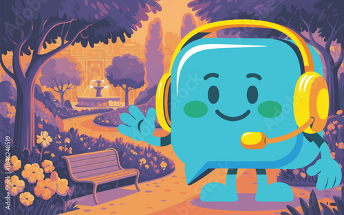 Cute cartoon chatbot mascot character wearing a yellow headset and microphone in a vibrant colorful park setting with fountain and trees, ideal for technology, customer support, online service, friend