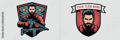 Epic male character illustration with futuristic armor holding tactical rifle in military armor on bold shield background for gaming sports logos or esports team branding concept