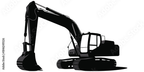 Black Silhouette Of A Heavy Duty Excavator With A Large Bucket On White Background Keywords: excavator, heavy duty, construction