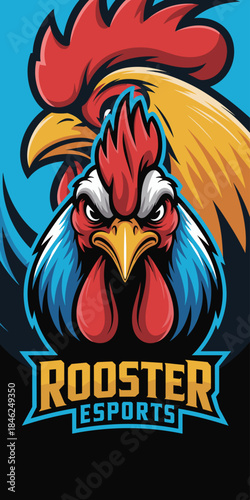 Vibrant animated rooster mascot logo with fierce expression for esports team branding, gaming, sports events, digital marketing, creative design, modern style, energetic mood, colorful illustration, c