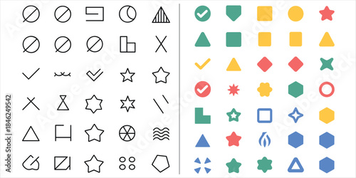 Collection of geometric shapes and symbols in black and colored versions Keywords: shape, symbol, icon, geometric, circle