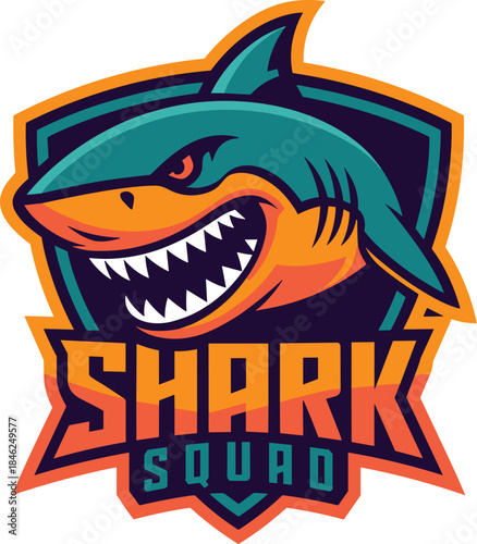 Fierce cartoon shark mascot logo for sports teams, gaming, esports, branding, merchandise, digital illustration, modern bold design, vibrant colors, aggressive expression, aquatic lifestyle, competiti