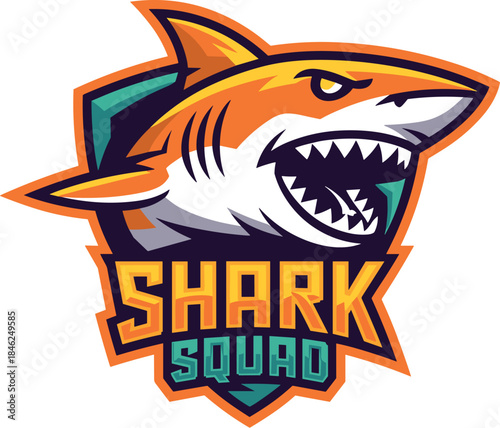 Dynamic shark cartoon logo for sports team or esports squad showing aggressive fierce expression with vibrant colors, bold lines, modern design for branding, merchandise, banners, posters, digital mar