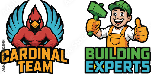 Energetic cartoon mascot of a confident cardinal bird with vibrant blue wings representing a sports team, designed with bold colors and modern style, perfect for branding, sports marketing, team ident