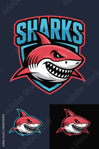 Aggressive cartoon shark mascot logo design for sports teams esports gaming branding and merchandise with bold stylized illustration featuring sharp teeth and fierce expression on dark background