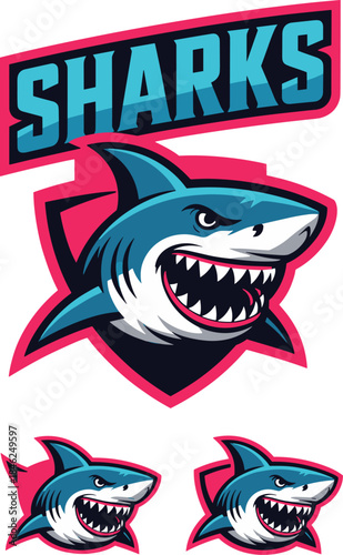 Powerful aggressive shark mascot logo design with fierce expression and detailed illustration for sports teams gaming brands or merchandise in modern bold style on dark background
