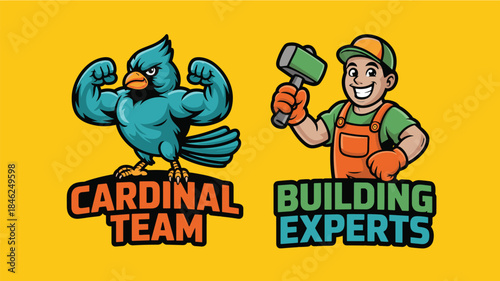 Colorful cartoon illustration of a muscular cardinal bird mascot representing a sports team alongside a cheerful construction worker in safety gear holding a hammer, emphasizing teamwork, strength, bu