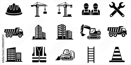 Construction Industry Icons Set With Hard Hat Crane Truck And Workers Keywords: construction, industry, icons, set, hard hat
