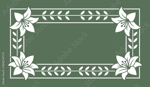 Elegant Floral Frame with Lilies and Leaves on Green Background, Decorative Border
