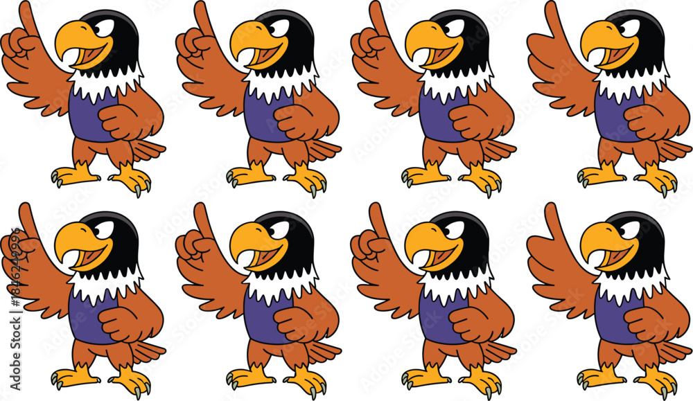 Obraz premium Cartoon eagle character with cheerful expression and raised index finger, colorful illustration in playful style, suitable for children’s education games, animated series, mascot branding, advertising