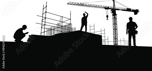 Construction site silhouettes with workers crane and scaffolding on white background building