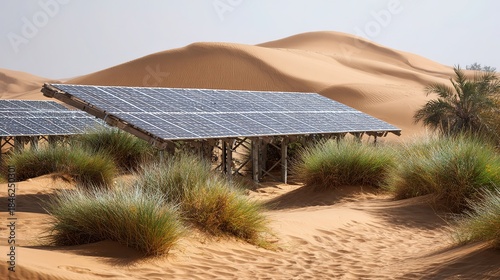 Solar PV desert control power station, PV panel arrays stabilizing sand dunes, sand-fixing plants under panels, desert-oasis integration scene