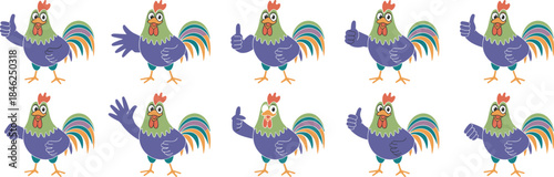 Playful cartoon chickens with colorful feathers giving thumbs up and waving, cheerful farm animal characters set in black background for kids' educational materials, animations, playful design, happy