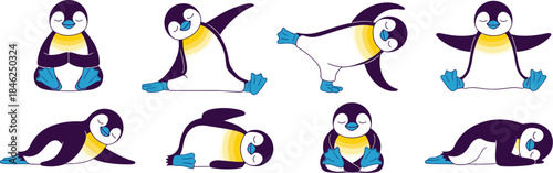Cute cartoon penguins in playful poses on bright yellow background, animated animals, winter theme, cheerful mood, children's illustration, fun design, digital art, animals in various activities, wild