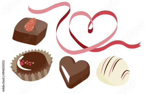 ひとくちサイズのチョコレート４つとハートの形のリボンのイラスト