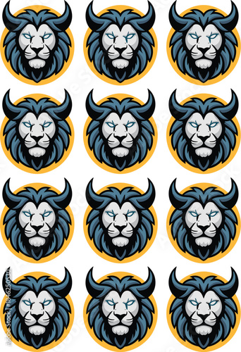 Stylized fierce lion logo emblem with detailed mane and piercing eyes representing strength power leadership and courage for branding sports teams gaming merchandise or wildlife conservation projects