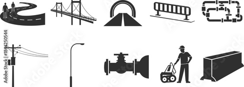 Infrastructure and construction elements icons including bridge, tunnel, and road suspension bridge