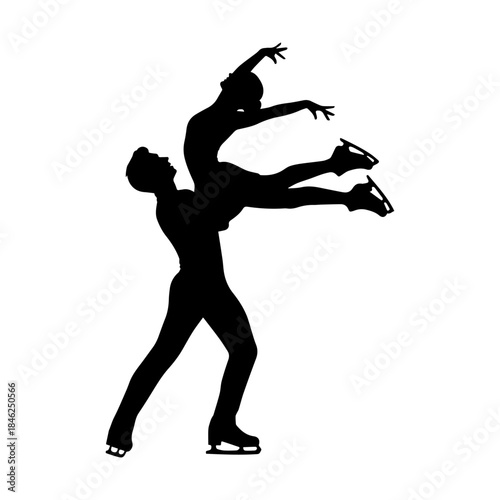 Figure skating pair performing elegant lift on ice.