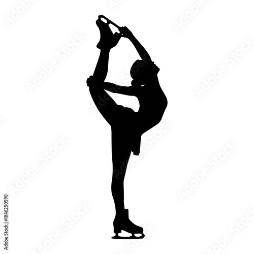 Silhouette of figure skater performing advanced flexibility pose.