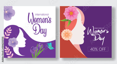 8 March Womens Day promo advertising social media posts square flyer poster template web banner floral vector background female face silhouette illustration marketing design