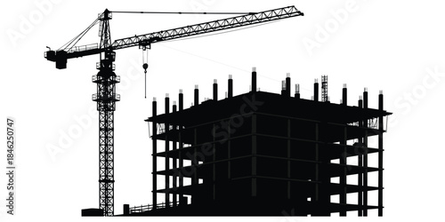 Silhouette of a construction crane and building under construction on a white background Keywords: construction, crane, building