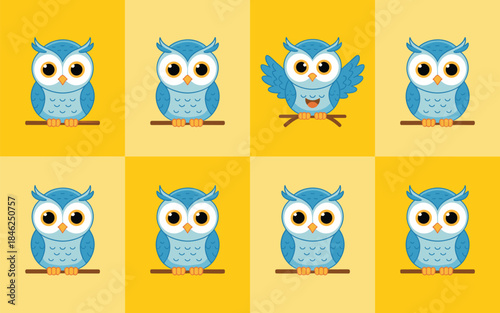 Wallpaper Mural Cute cartoon blue owl sitting on a branch with expressive large eyes, playful poses and fluffy feathers, set against colorful yellow background, cheerful and whimsical illustration for children’s book Torontodigital.ca