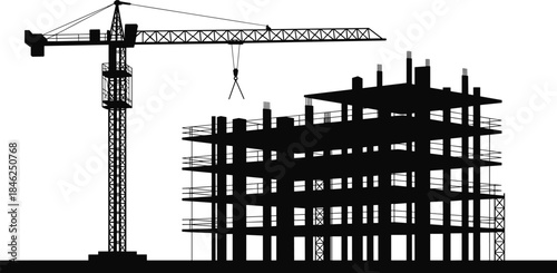 Silhouette of a Construction Crane and Building Under Construction Keywords: construction, crane, building, skyscraper