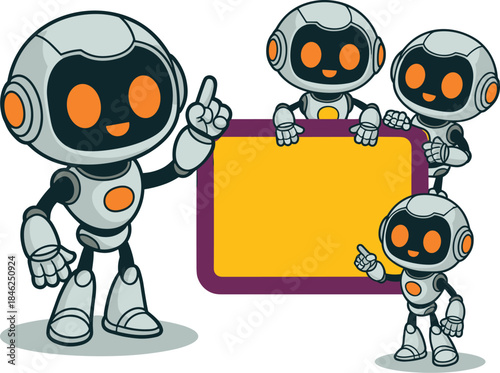 cute cartoon robot characters with human-like features interacting with a blank sign in colorful futuristic style suitable for technology marketing educational presentations or children's content