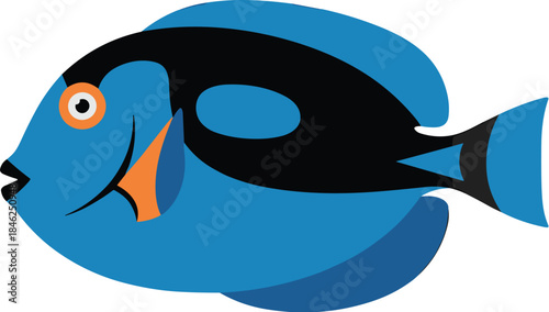 Stylized tropical fish illustration in vibrant blue and black colors for marine life artwork, aquarium decor, ocean-themed design, educational materials, aquatic industry, digital art, nature backgrou