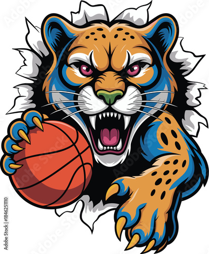 Fierce athletic tiger mascot with expressive purple eyes and detailed fur design, attacking and holding a basketball in dynamic motion, ideal for sports teams, team branding, logo designs, apparel, me
