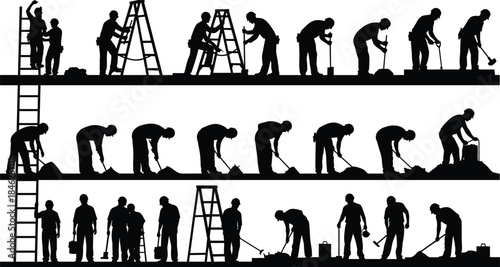 Silhouette of construction workers digging and moving dirt with shovels and ladders Keywords: construction, worker, silhouette