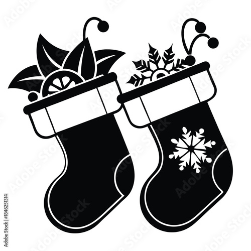 black christmas stockings with snowflake and leaves clip art preview