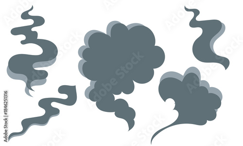 Smoke cartoon clouds icon set. Stylized cartoon clouds and smoke puffs on white background, playful fantasy icons for games, comics, and creative design.
