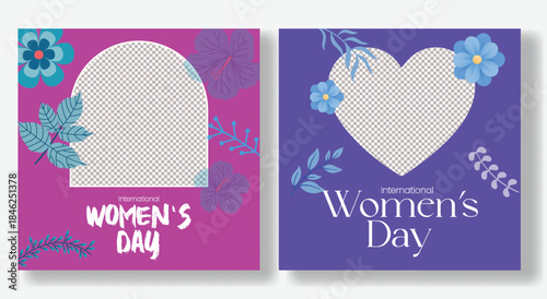 Womens Day 8 March celebration promo social media posts square flyer poster web banner floral vector illustration background for marketing advertising design with space for image placement