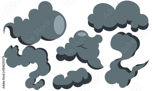 Smoke cartoon clouds icon set. Stylized cartoon clouds and smoke puffs on white background, playful fantasy icons for games, comics, and creative design.
