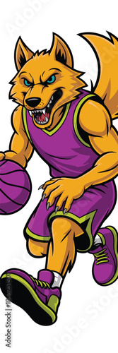 dynamic cartoon-style anthropomorphic wolf basketball player in vibrant purple sports uniform dribbling ball aggressive fierce energetic mascot character for sports team or athletic event on white bac