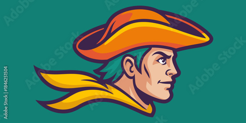 Colorful illustrated profile of a young brave cowboy wearing a wide-brimmed orange hat with a yellow band and a yellow neckerchief, set against a solid teal background, representing Western heritage,
