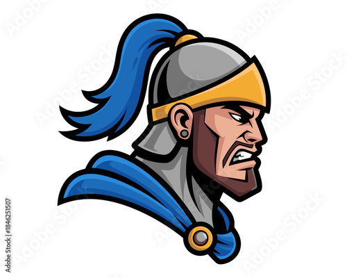 Vengeful medieval warrior with fierce expression wearing a silver helmet and blue cloak, illustration of a powerful historic combatant or hero in armor, detailed digital drawing for fantasy, gaming, a
