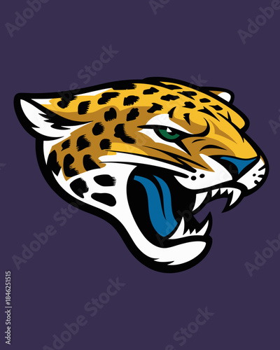 Modern digital illustration of a fierce jaguar head with detailed spots and sharp teeth set against a dark purple background, symbolizing strength, agility, wildlife, animal power, art, design, mascot