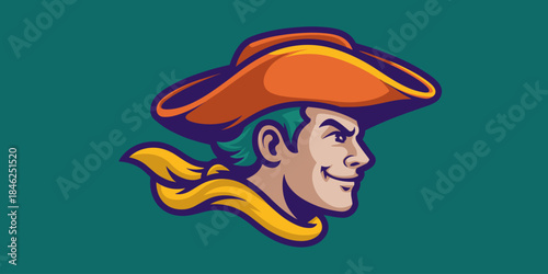 Stylized cartoon illustration of a confident cowboy/cartoon character with a wide-brimmed hat and flowing scarf, representing Western lifestyle, adventure, and rugged masculinity, suitable for brandin