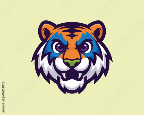 Colorful and fierce tiger mascot head logo design in vibrant shades with detailed fur markings, expressive eyes, modern artistic style suitable for sports teams branding, apparel, merchandise, digital