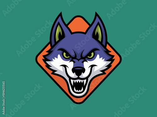 Fierce and aggressive wolf mascot illustration for sports team branding or gaming logos, modern digital art style with bold lines, vibrant colors, expressive facial expression, dynamic composition, su